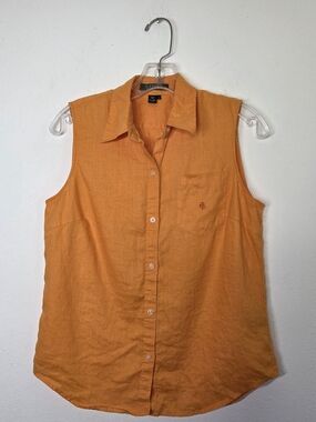 Ralph Lauren Sleeveless Linen Button-Down Top in Tangerine Orange S
